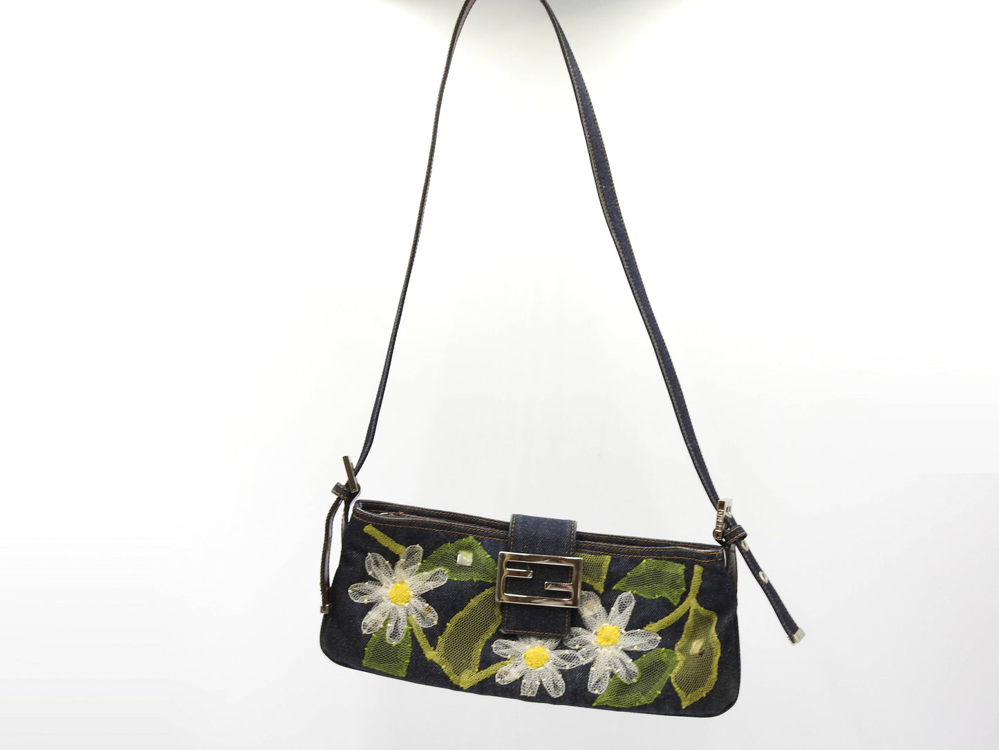 FENDI Denim Mamma Baguette Shoulder Hand Bag Flower Embroidered Navy