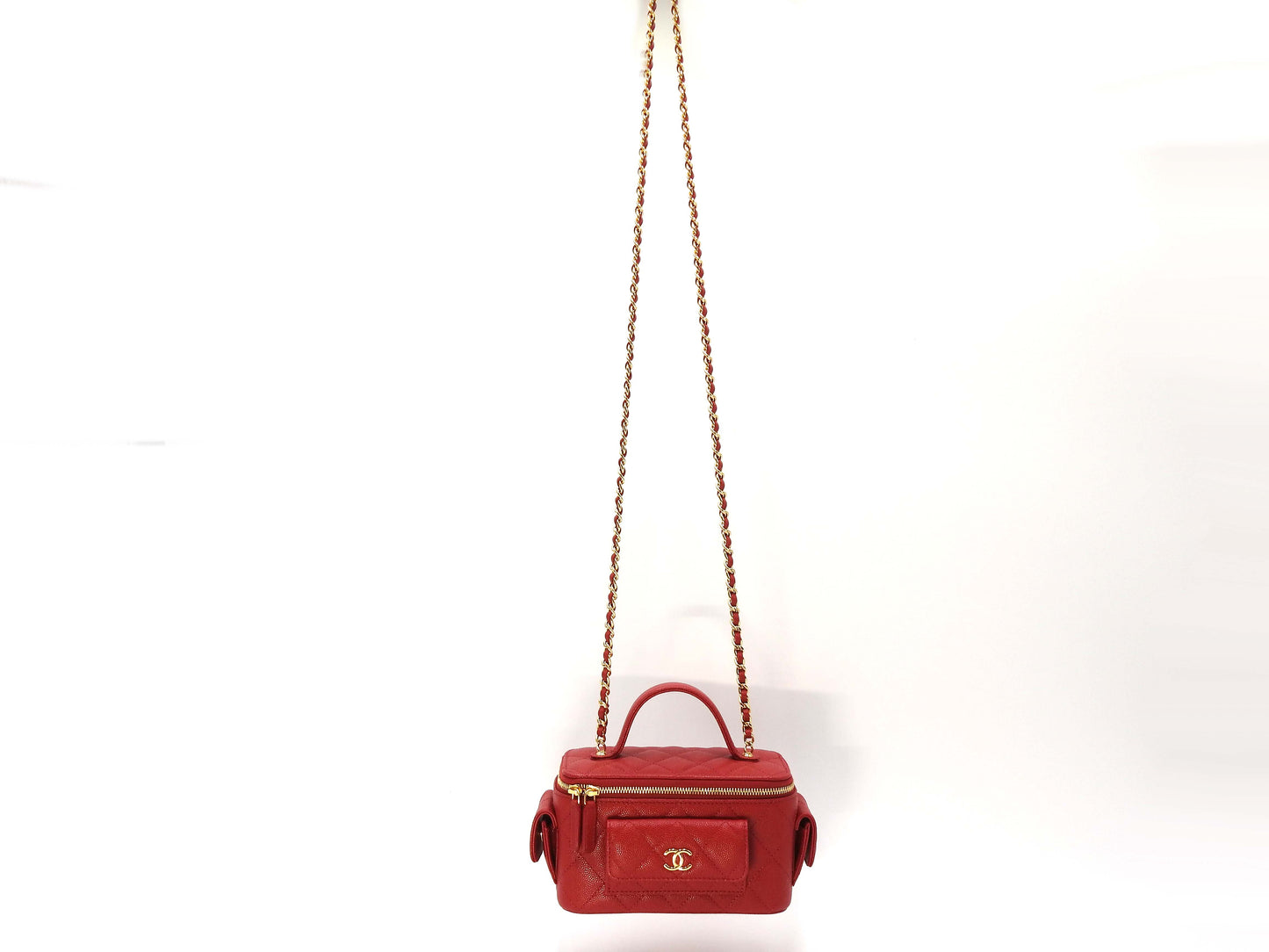 CHANEL CC Matelasse Top Handle 2way Chain Vanity Bag Caviarskin Red AP3017
