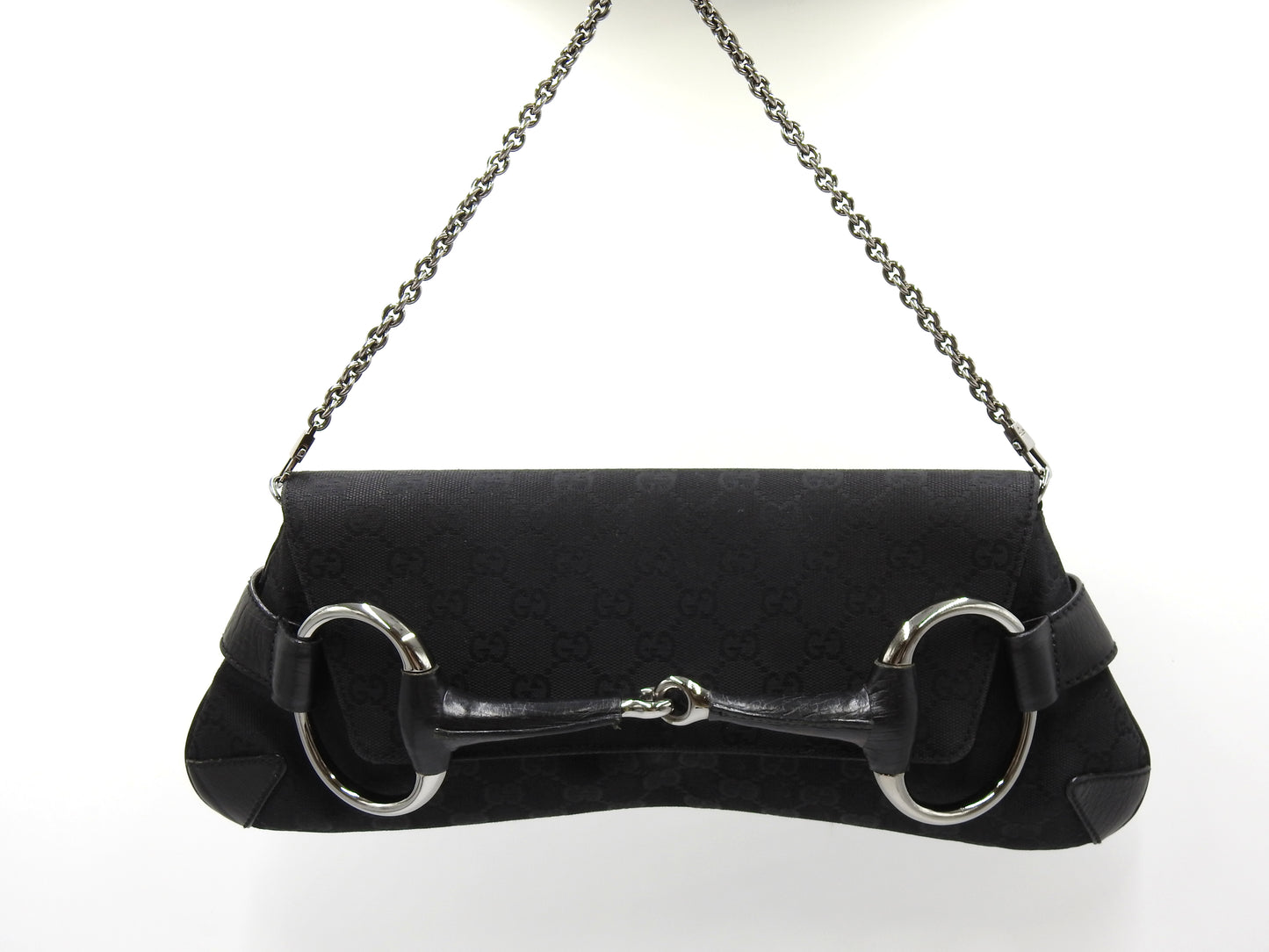 GUCCI GG Canvas Horsebit 2way Chain Clutch Hand Bag Leather Black 120134