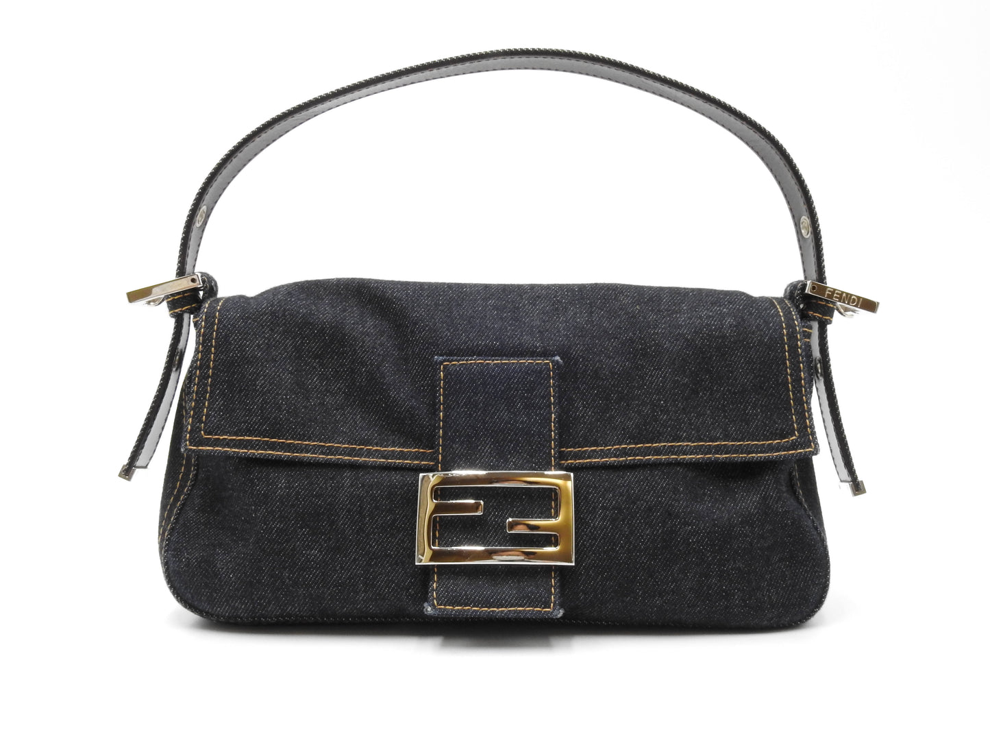 Auth FENDI Mamma Baguette Shoulder Hand Bag Denim Navy Silver Hardware