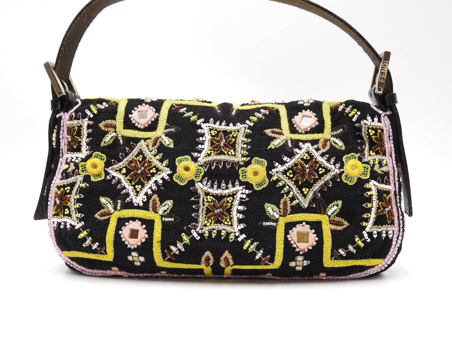FENDI Mamma Baguette Shoulder Hand Bag Embroidered Beaded Fringe Black