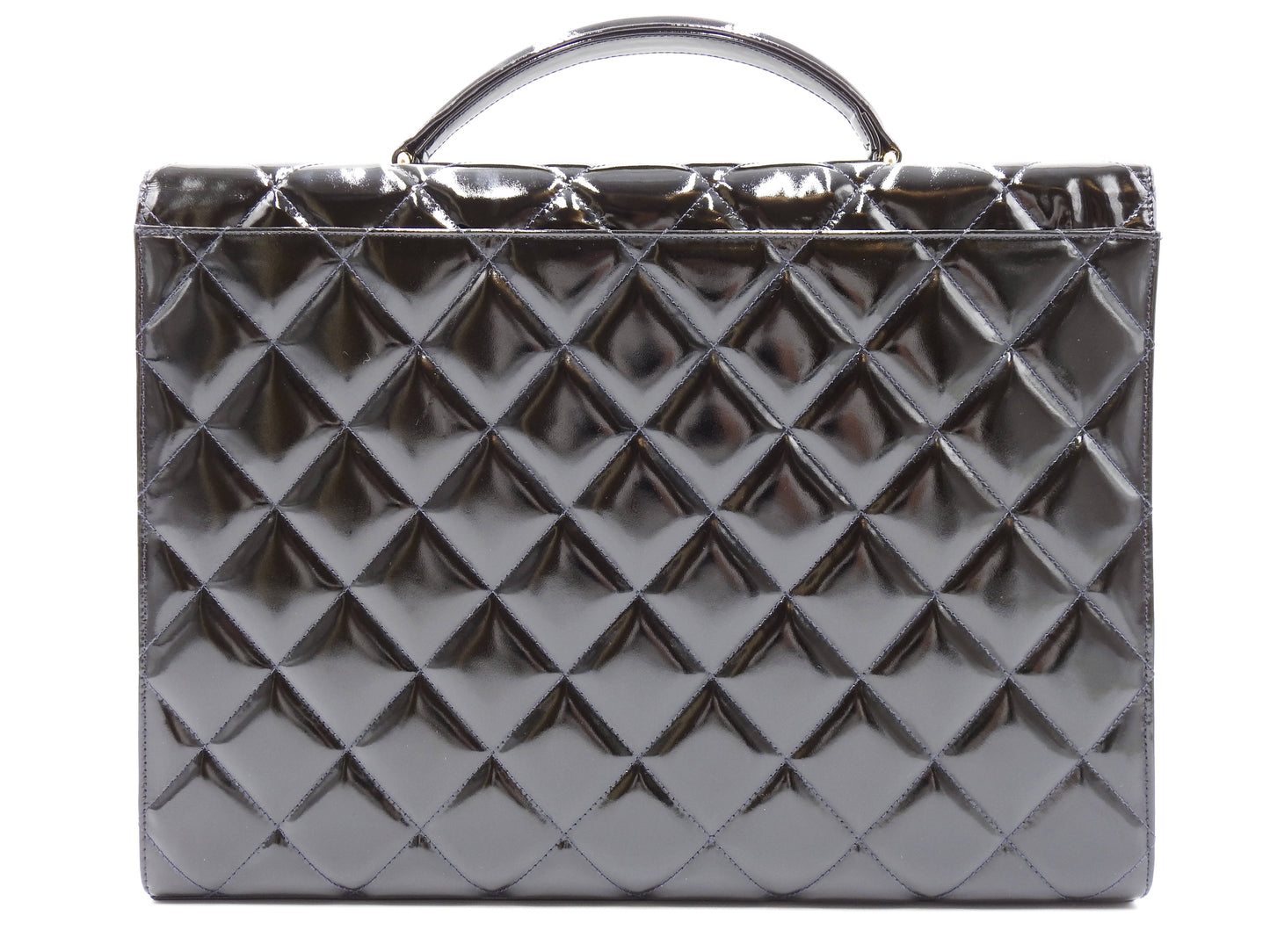 CHANEL CC Matelasse Briefcase Business Bag Enamel Patent Leather Black