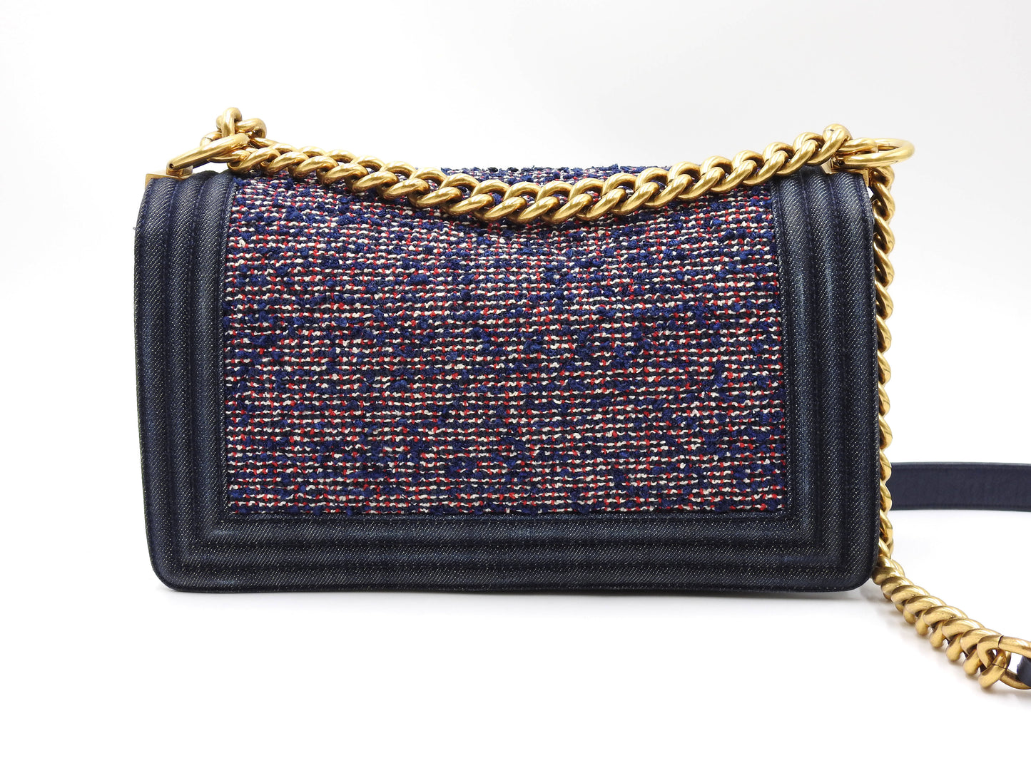 CHANEL Medium Boy Flap 25 Chain Shoulder Bag Denim Tweed Blue Gold A67086
