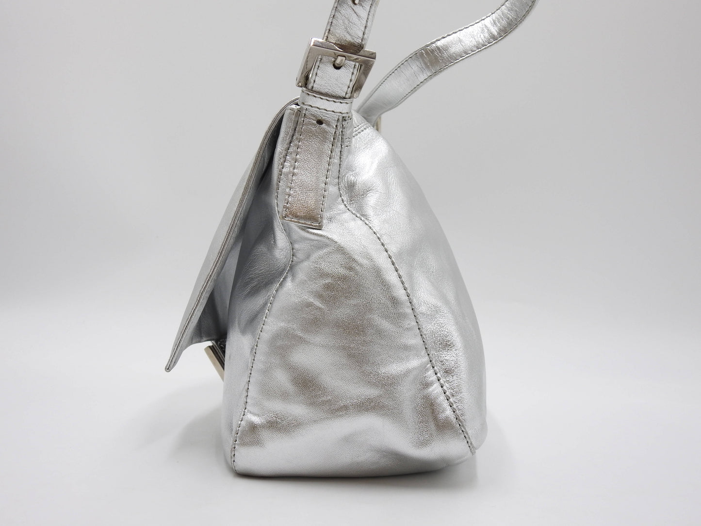 FENDI Mamma Baguette Shoulder Hand Bag Leather Rhinestone Silver