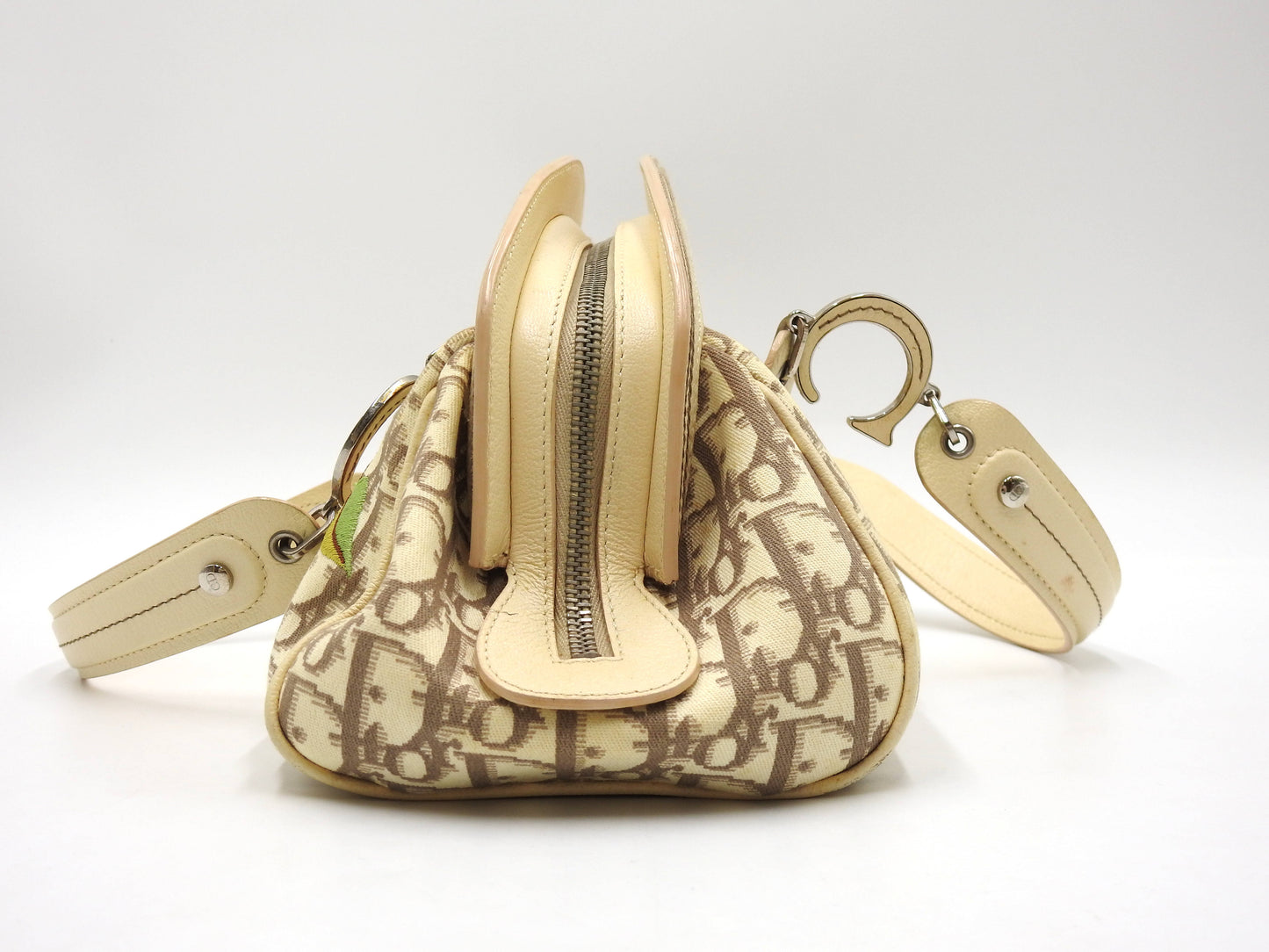 Christian Dior Trotter Embroidered Flower Hand Bag Canvas Leather Beige