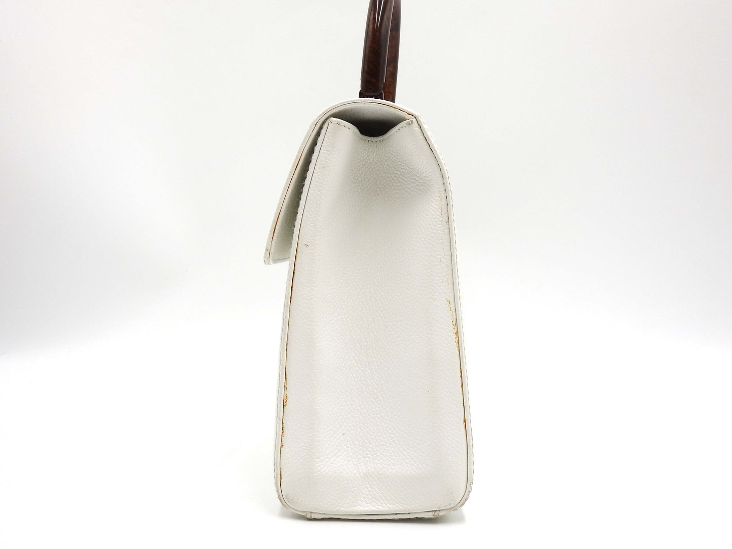 CHANEL CC Kelly Flap Wood Hand Bag Caviarskin Leather White