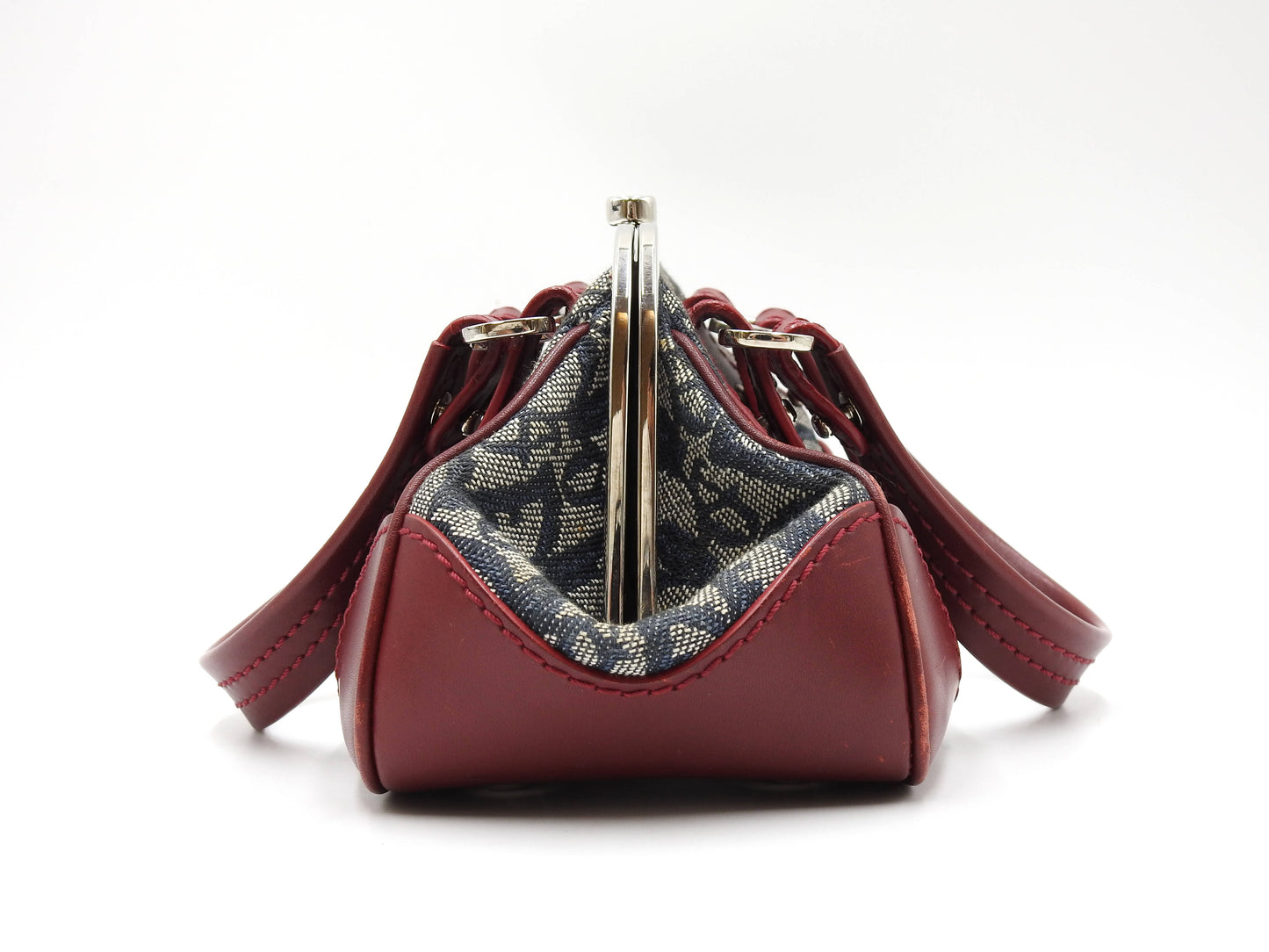 Christian Dior Trotter Kiss Lock Mini Hand Bag Canvas Leather Navy Red