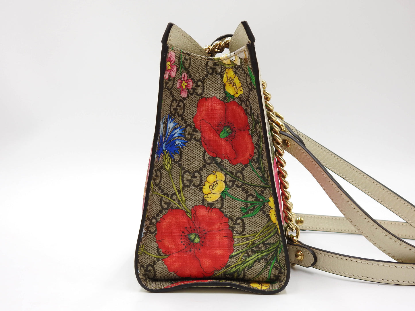 GUCCI GG Flora Supreme Padlock Small Tote Shoulder Bag Beige White 498156