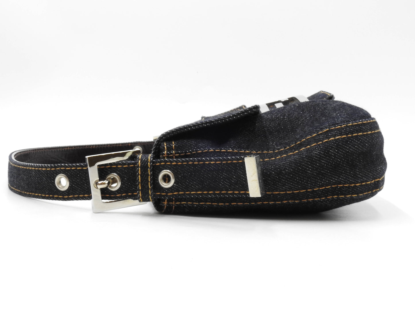Auth FENDI Mamma Baguette Shoulder Hand Bag Denim Navy Silver Hardware