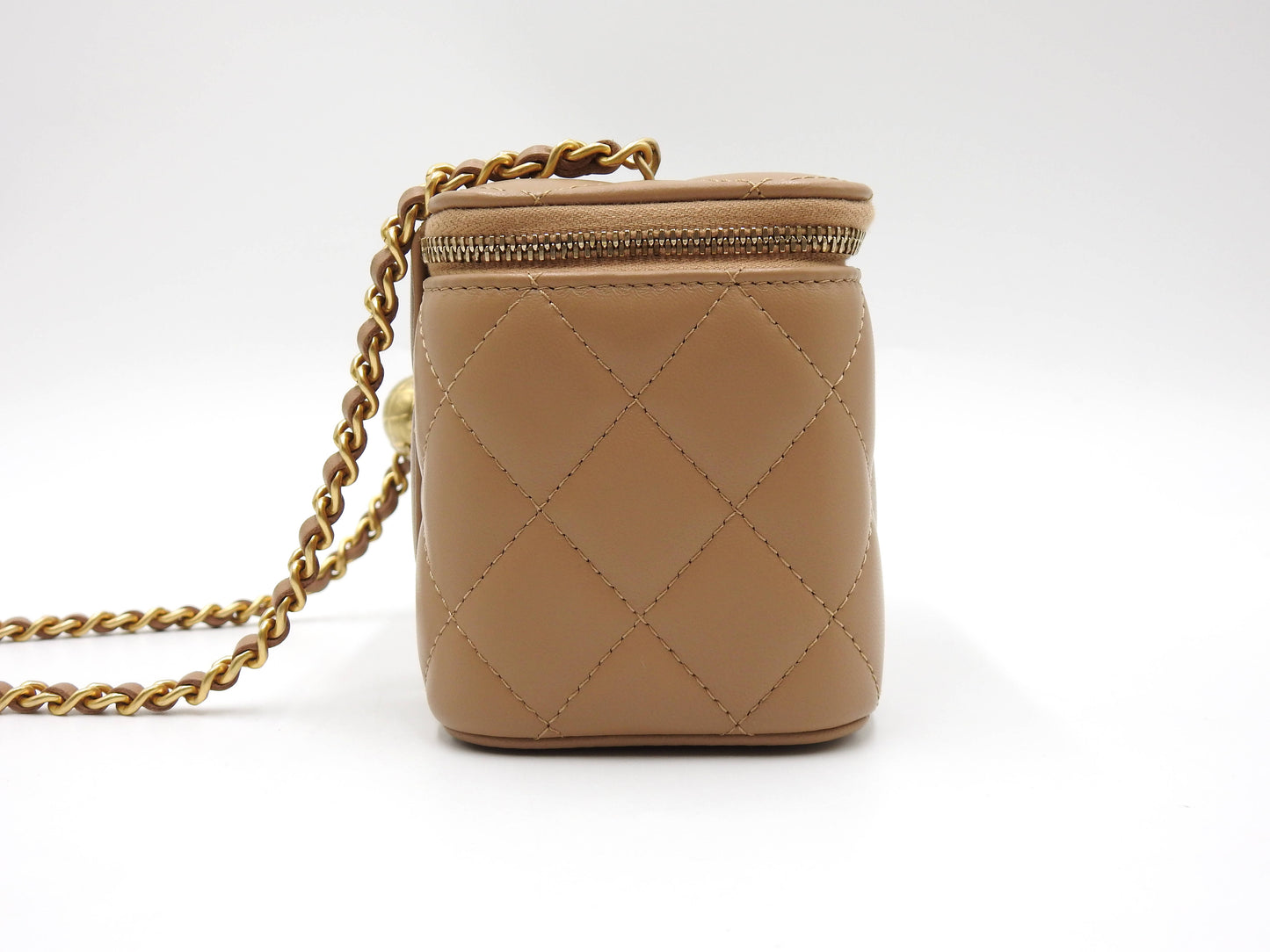 CHANEL Pearl Crush Vanity Case Chain Shoulder Bag Lambskin Beige Gold