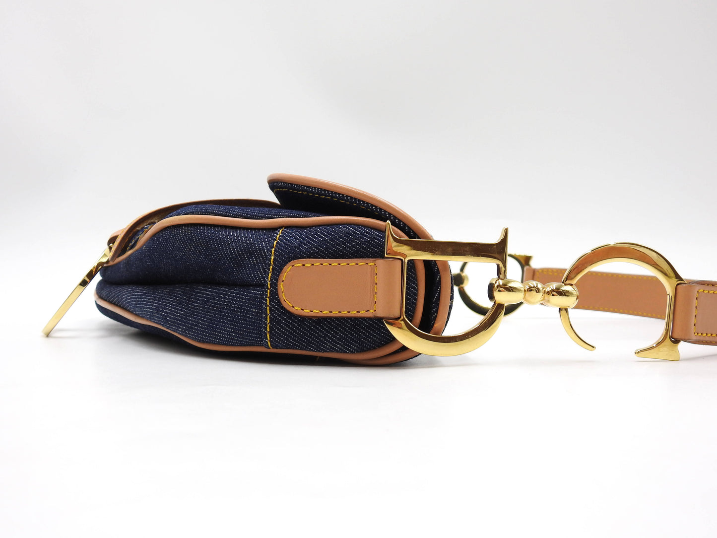 Christian Dior Saddle Bag Shoulder Hand Bag Denim Canvas Leather Navy Gold