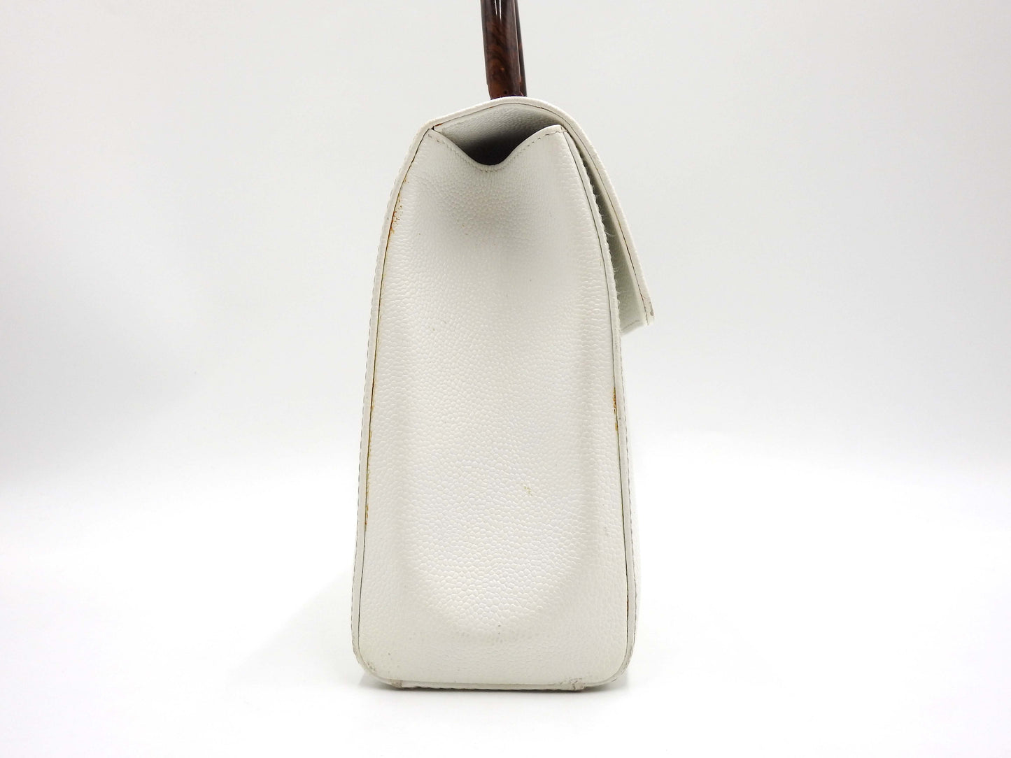 CHANEL CC Kelly Flap Wood Hand Bag Caviarskin Leather White