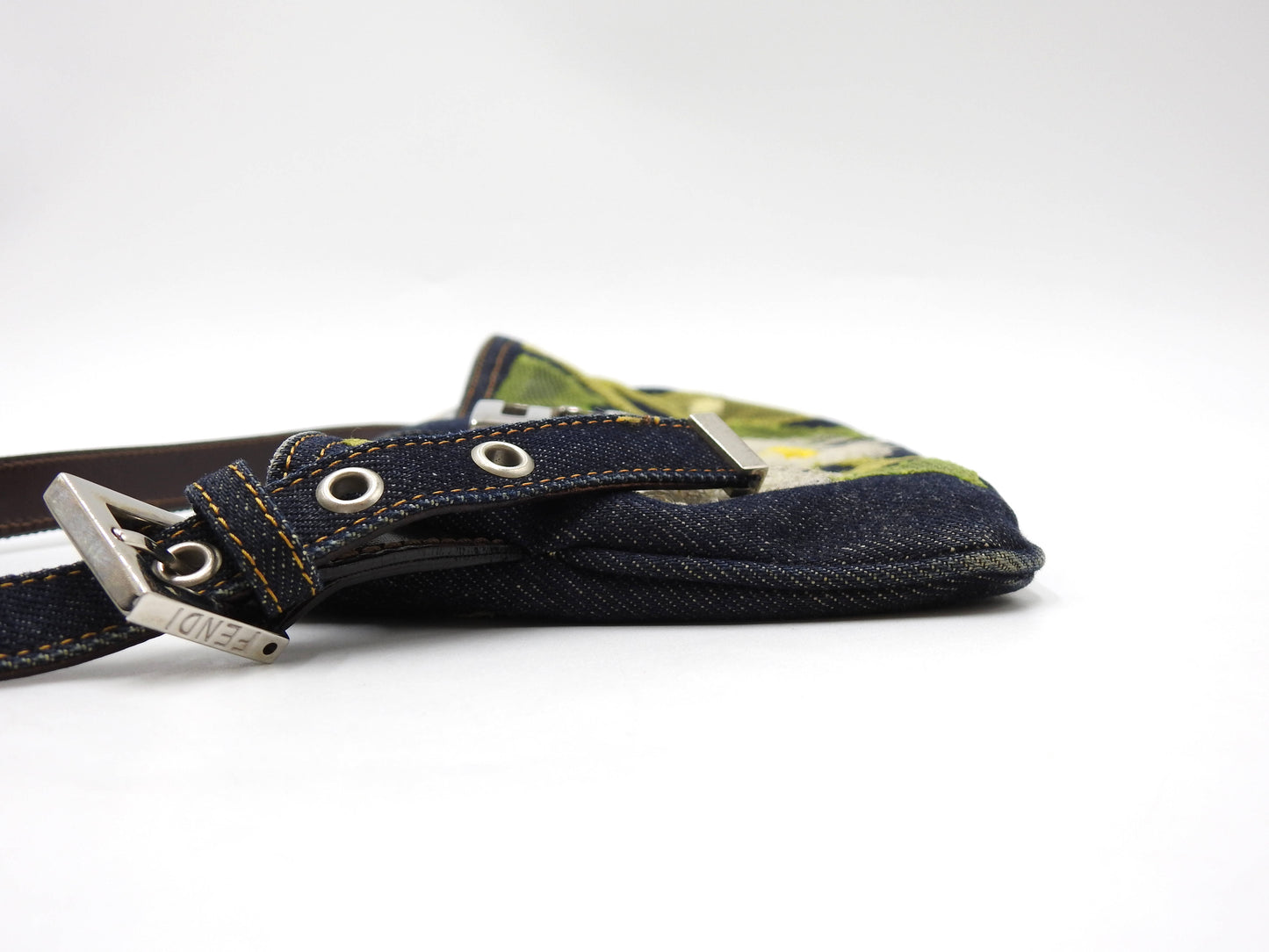 FENDI Denim Mamma Baguette Shoulder Hand Bag Flower Embroidered Navy