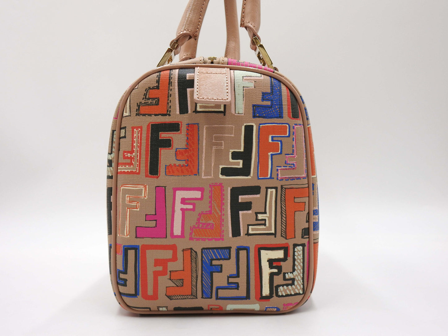 FENDI Zucca Boston Hand Bag PVC Leather Beige Multicolor 8BL068