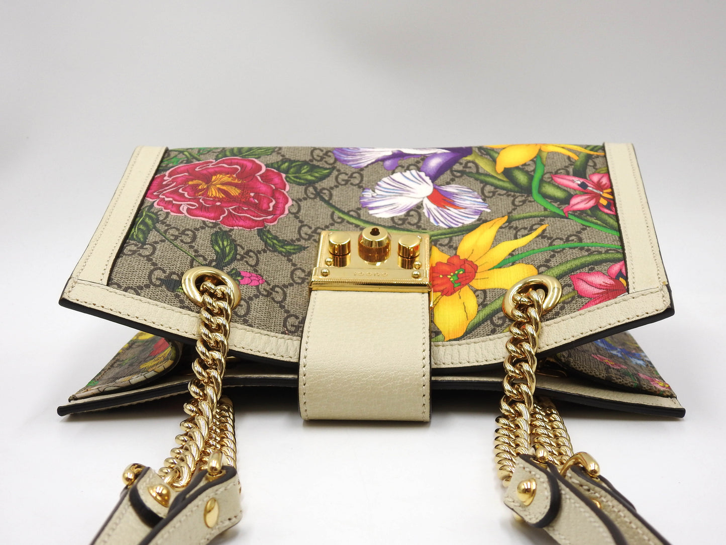 GUCCI GG Flora Supreme Padlock Small Tote Shoulder Bag Beige White 498156