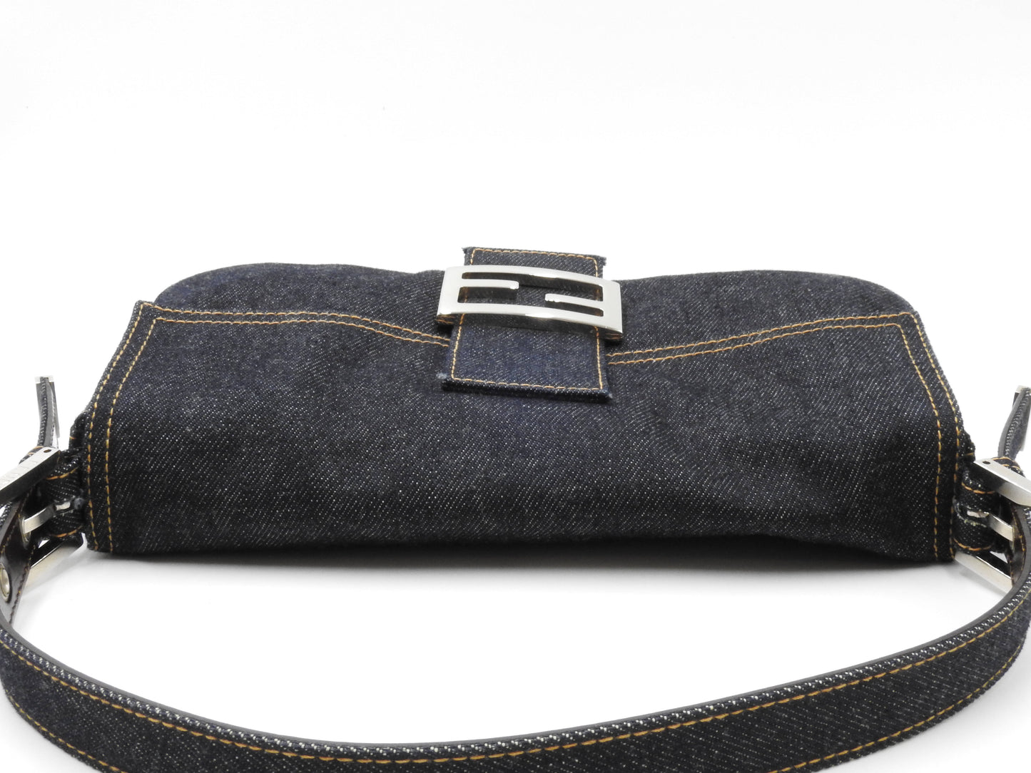 Auth FENDI Mamma Baguette Shoulder Hand Bag Denim Navy Silver Hardware
