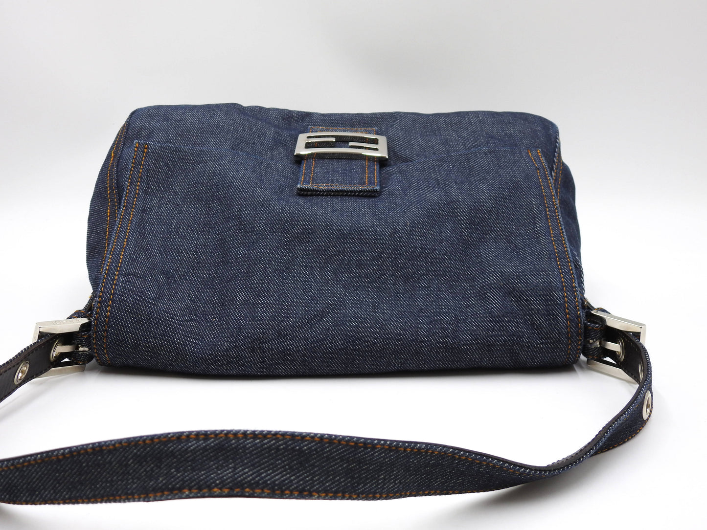 FENDI Mamma Baguette Shoulder Hand Bag Denim Navy Silver Hardware