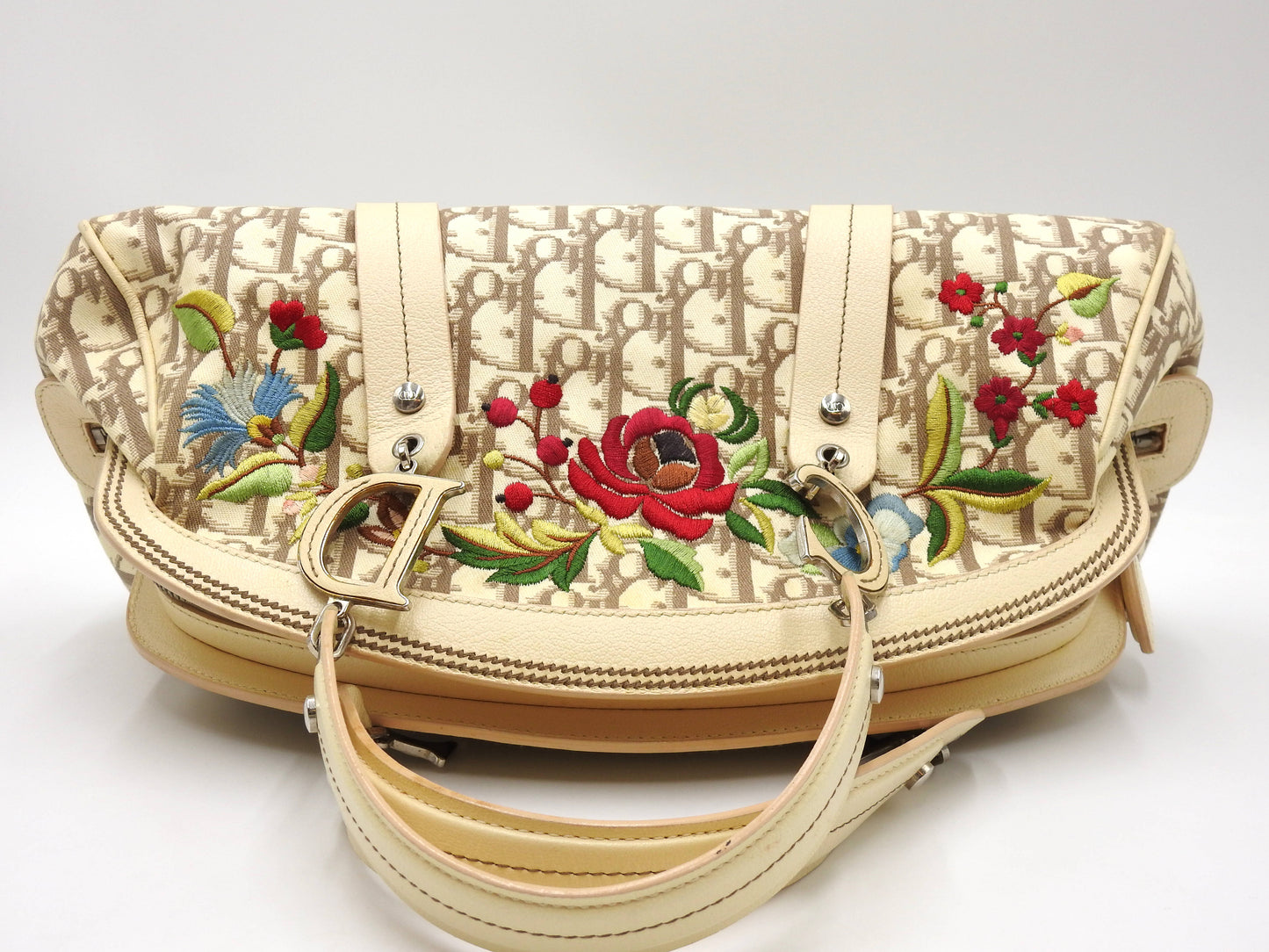 Christian Dior Trotter Embroidered Flower Hand Bag Canvas Leather Beige
