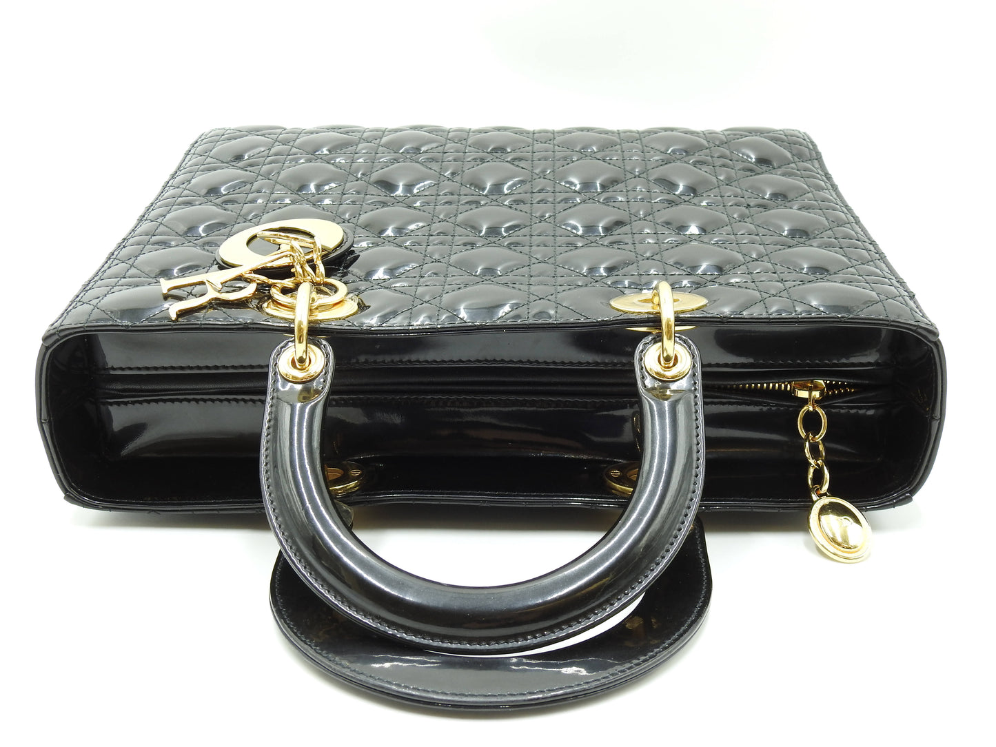 Christian Dior Lady Dior Large Cannage Hand Tote Bag Enamel Patent Leather