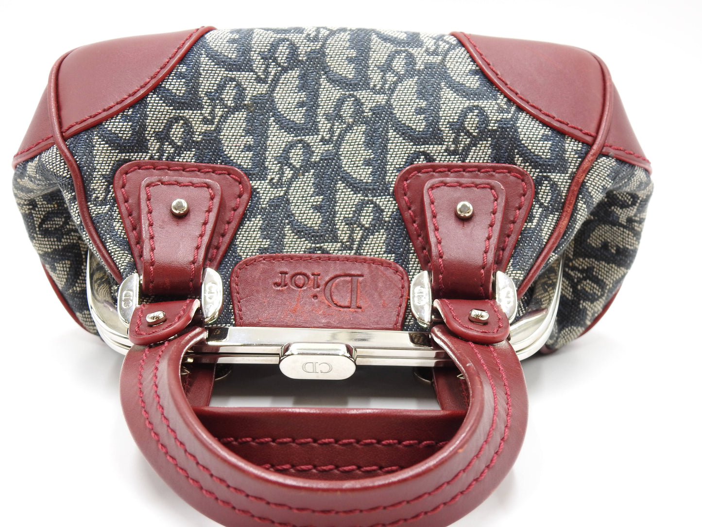 Christian Dior Trotter Kiss Lock Mini Hand Bag Canvas Leather Navy Red