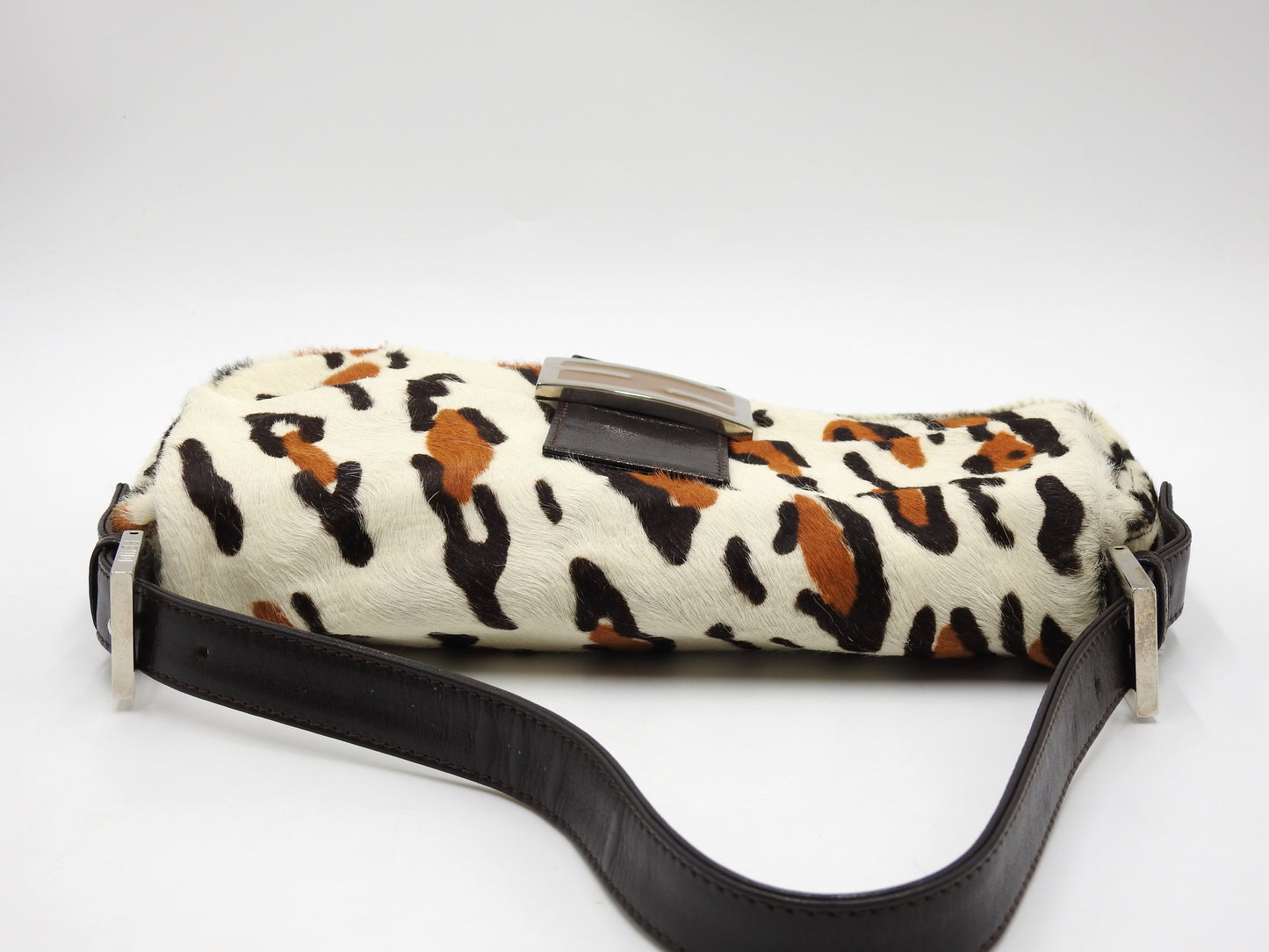FENDI Leopard Mamma Baguette Shoulder Hand Bag Leather White Brown Silver
