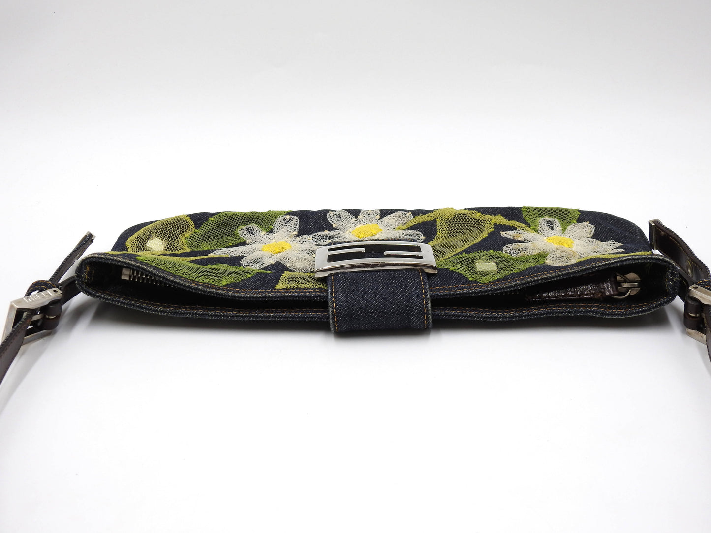 FENDI Denim Mamma Baguette Shoulder Hand Bag Flower Embroidered Navy