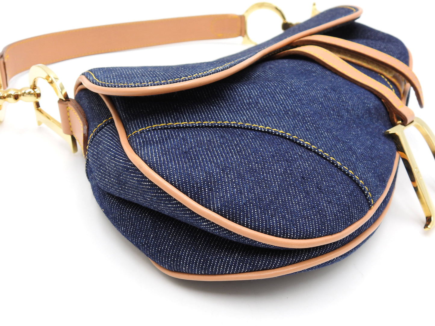 Christian Dior Saddle Bag Shoulder Hand Bag Denim Canvas Leather Navy Gold