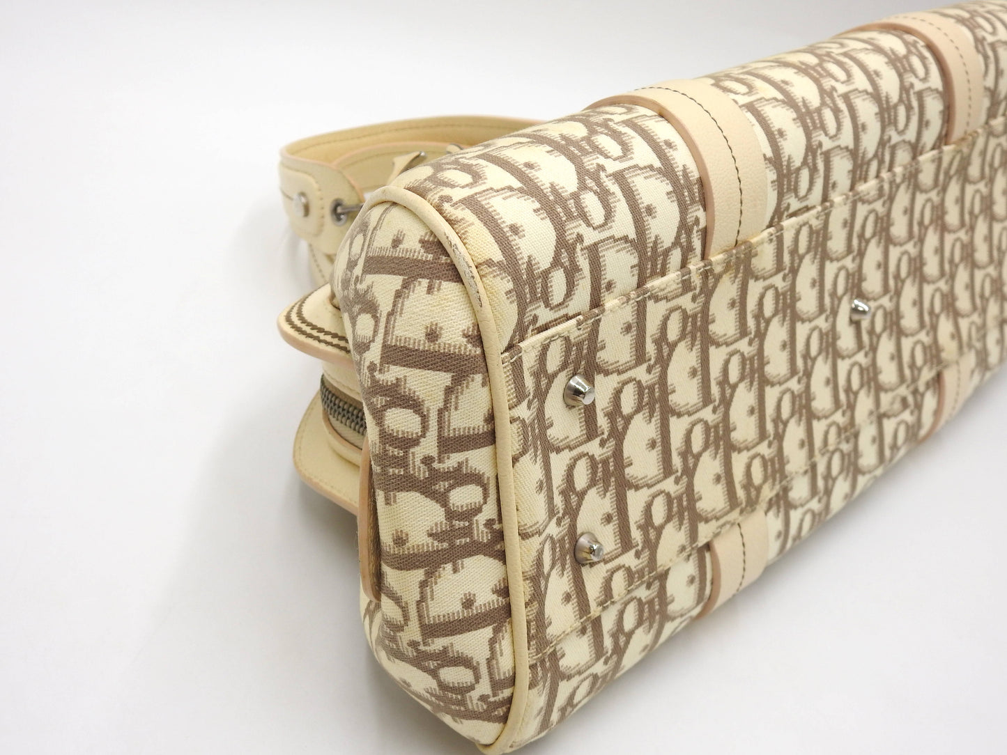 Christian Dior Trotter Embroidered Flower Hand Bag Canvas Leather Beige