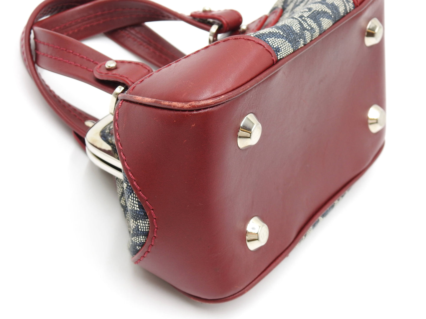 Christian Dior Trotter Kiss Lock Mini Hand Bag Canvas Leather Navy Red