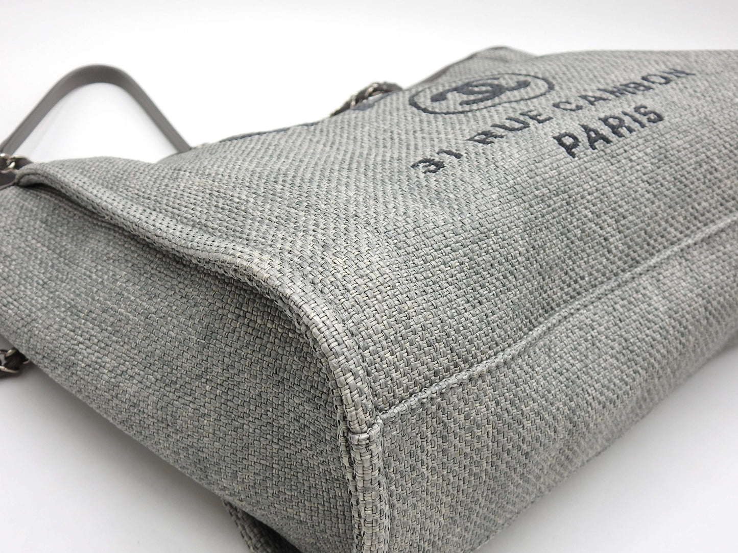 CHANEL Deauville MM Tote Bag Shoulder Bag Straw Canvas Gray Silver A67001