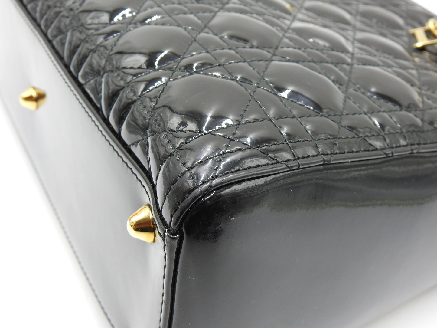 Christian Dior Lady Dior Large Cannage Hand Tote Bag Enamel Patent Leather