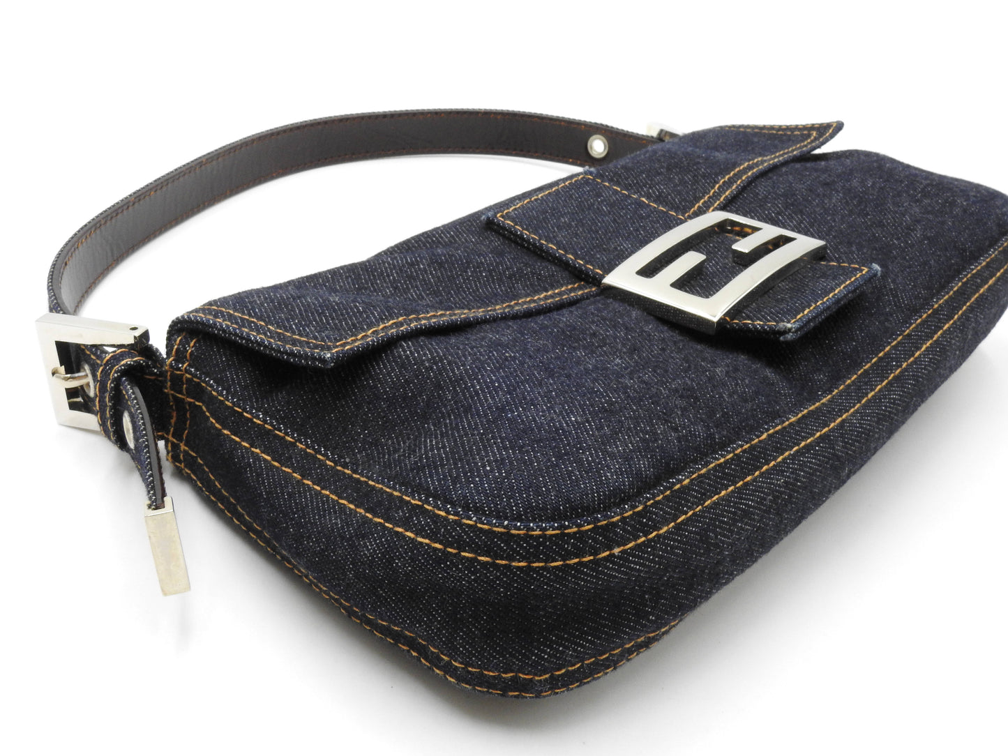 Auth FENDI Mamma Baguette Shoulder Hand Bag Denim Navy Silver Hardware