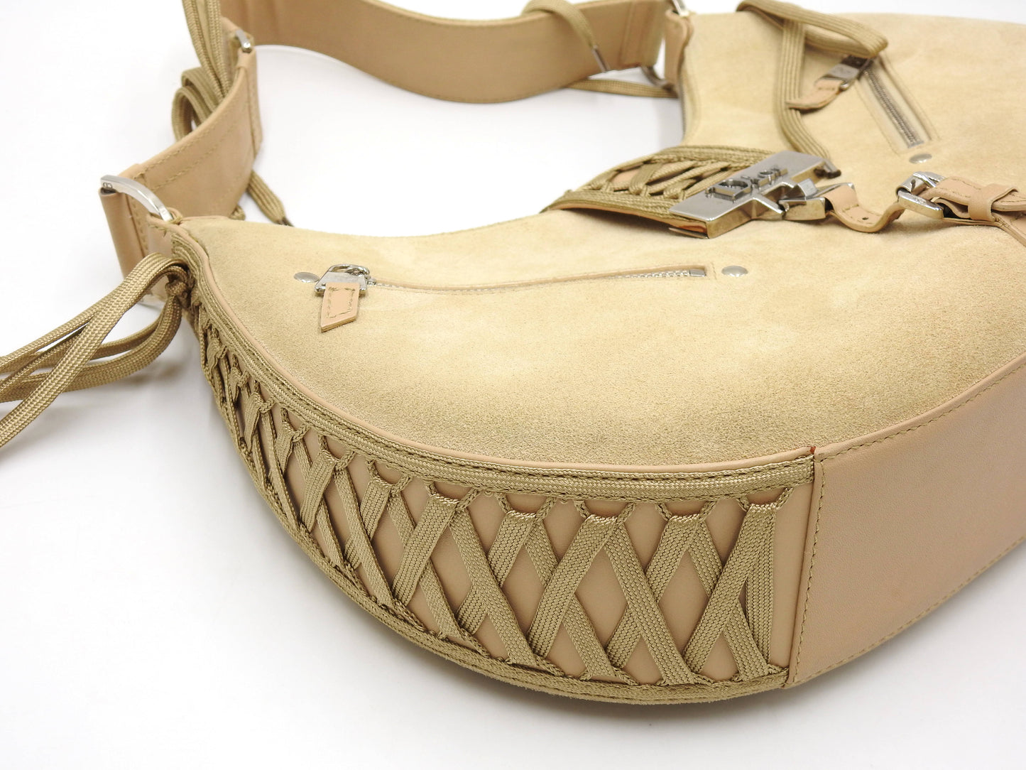 Christian Dior Admit It Lace-Up Hobo One Shoulder Bag Suede Leather Beige