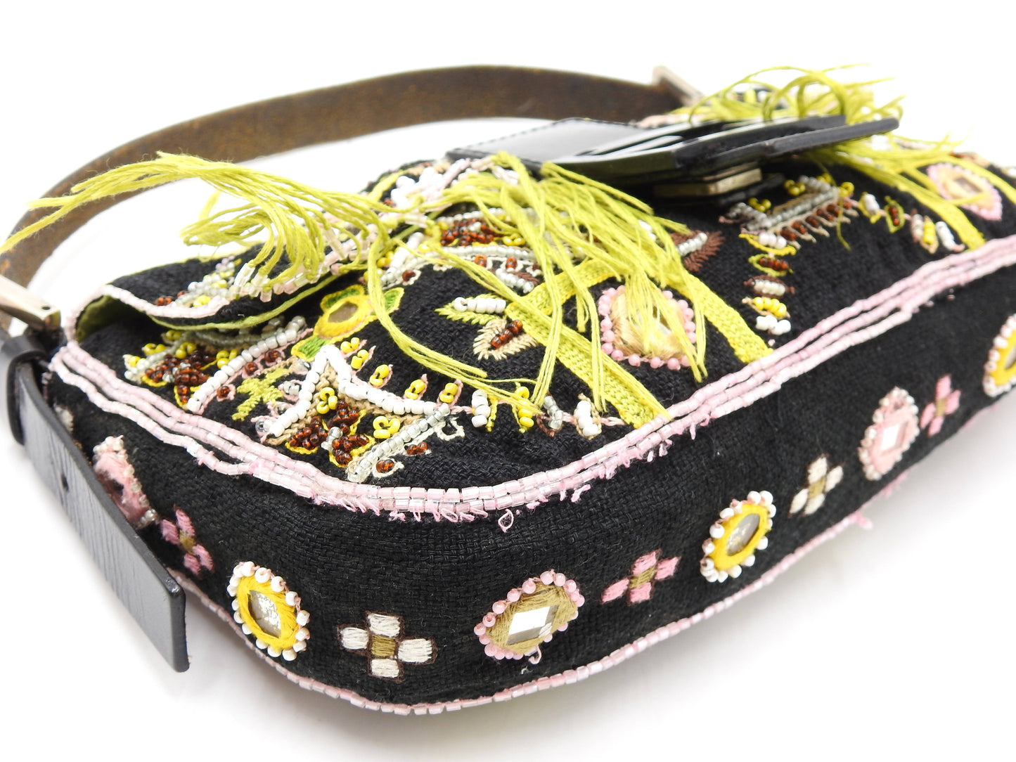 FENDI Mamma Baguette Shoulder Hand Bag Embroidered Beaded Fringe Black