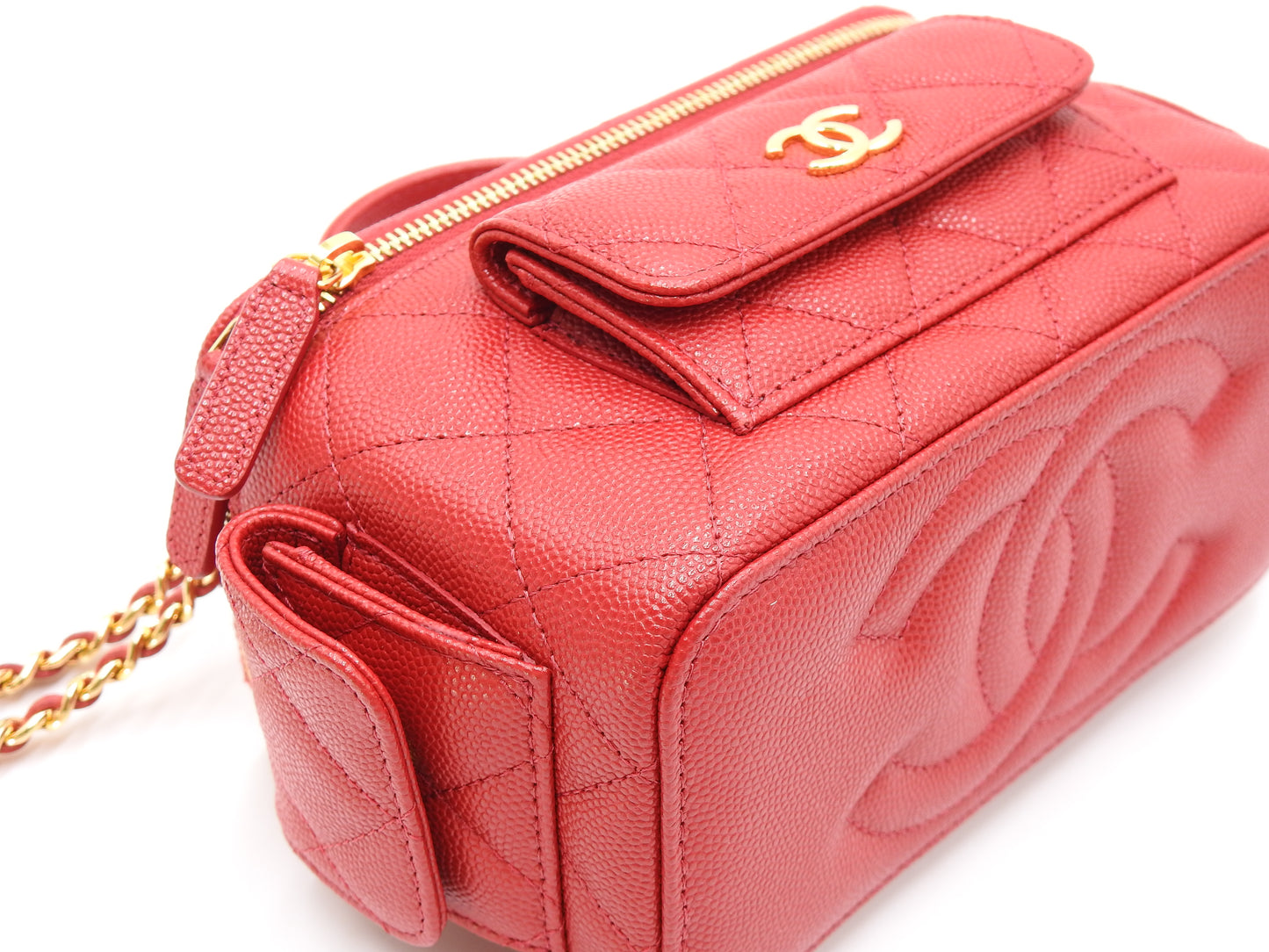 CHANEL CC Matelasse Top Handle 2way Chain Vanity Bag Caviarskin Red AP3017