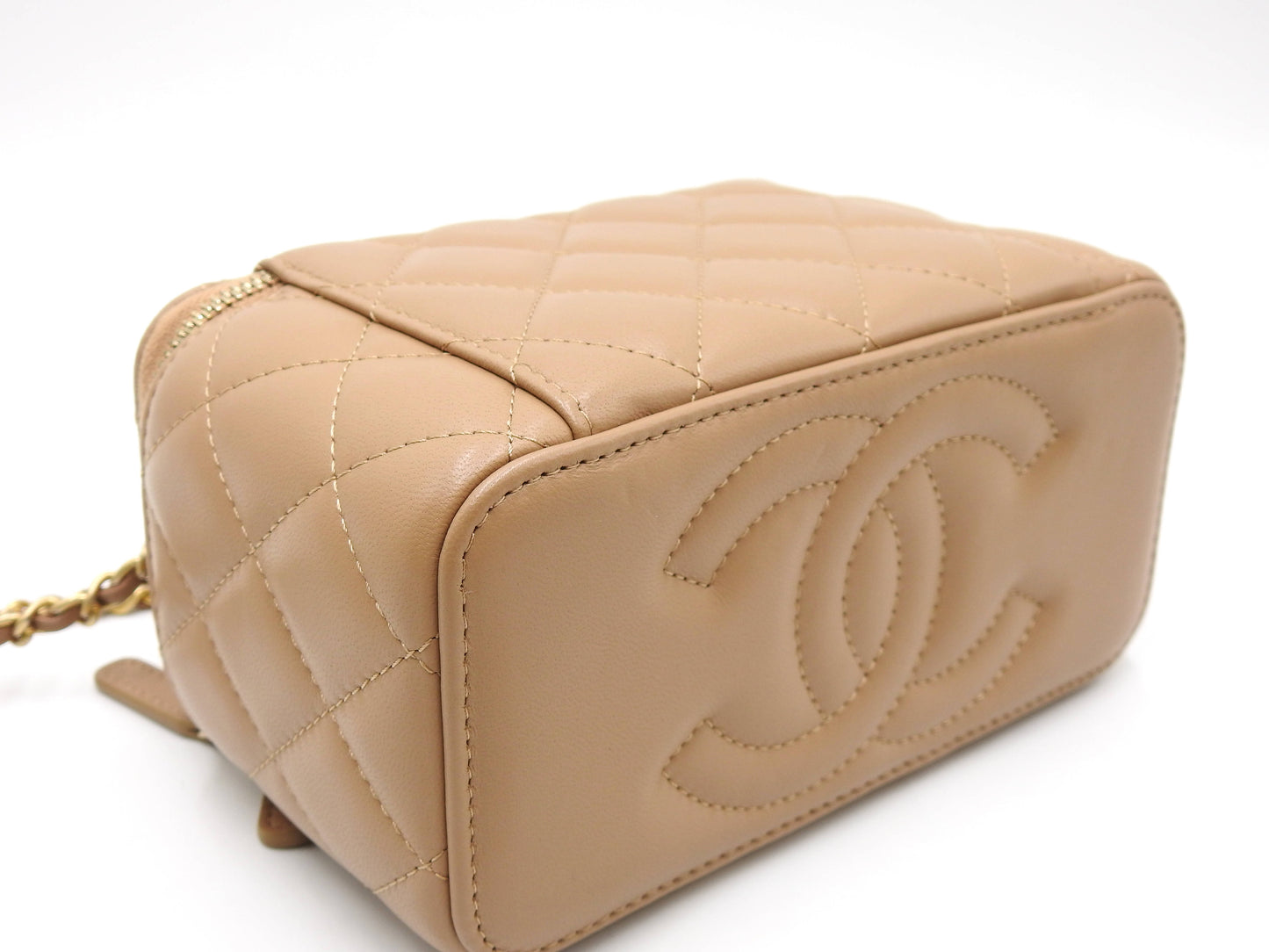 CHANEL Pearl Crush Vanity Case Chain Shoulder Bag Lambskin Beige Gold