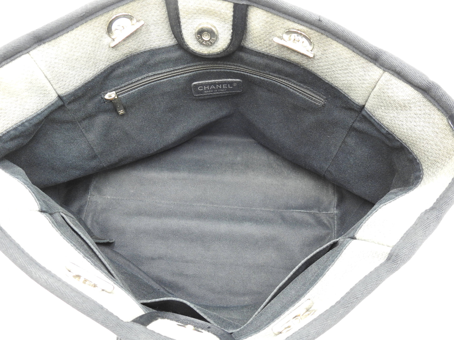 Chanel Deauville MM Tote Bag Shoulder Bag Canvas Gray Silver A67001