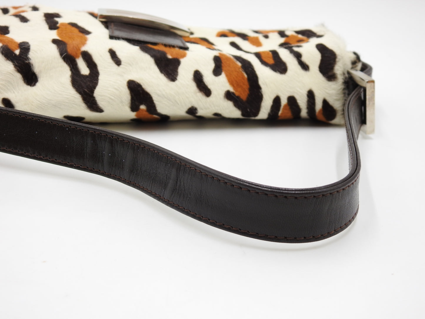 FENDI Leopard Mamma Baguette Shoulder Hand Bag Leather White Brown Silver