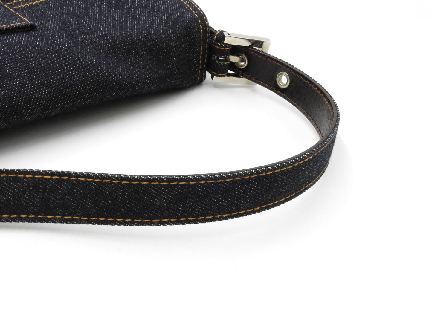 Auth FENDI Mamma Baguette Shoulder Hand Bag Denim Navy Silver Hardware