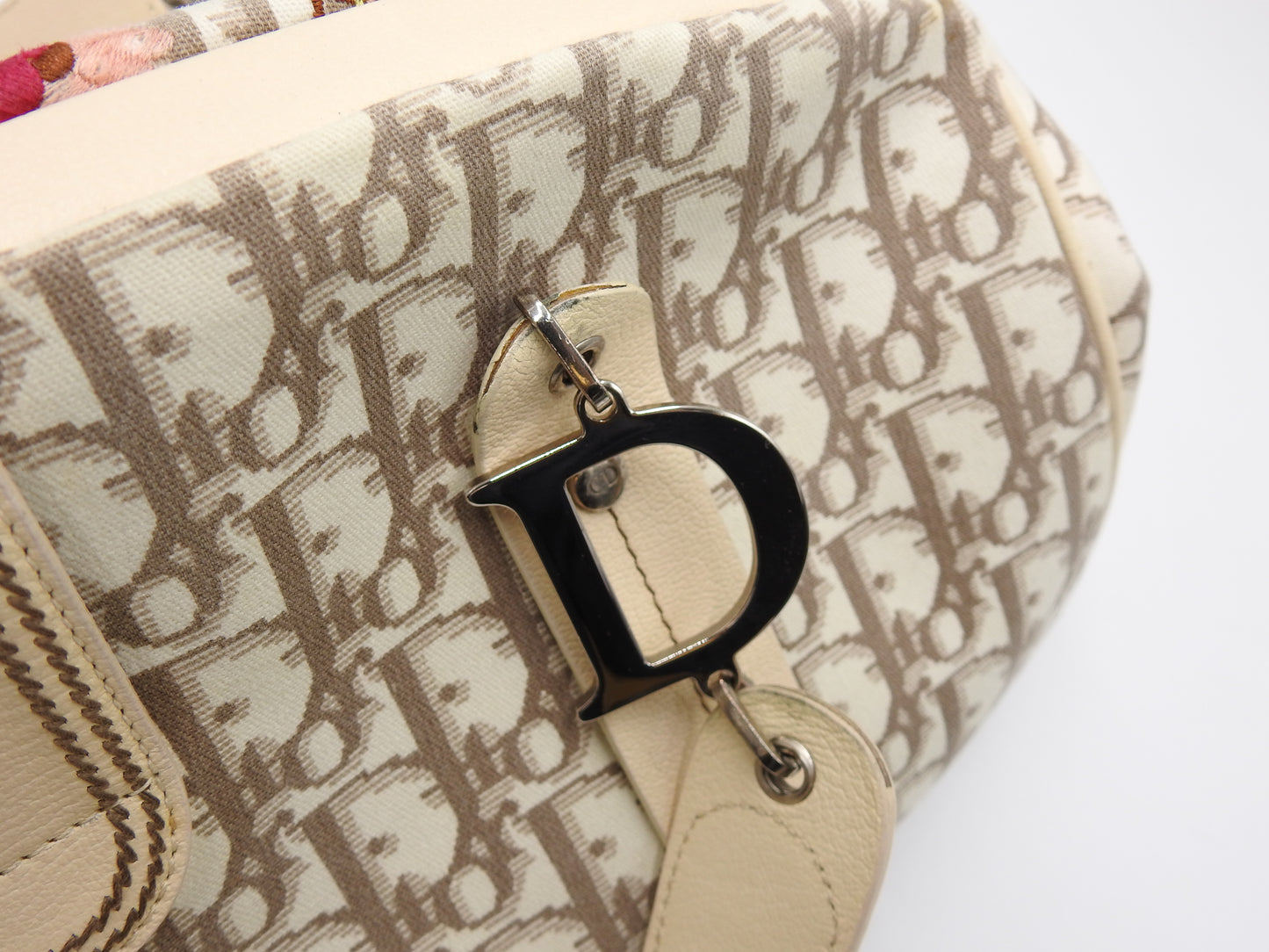 Christian Dior Trotter Embroidered Flower Tote Hand Bag Canvas Beige