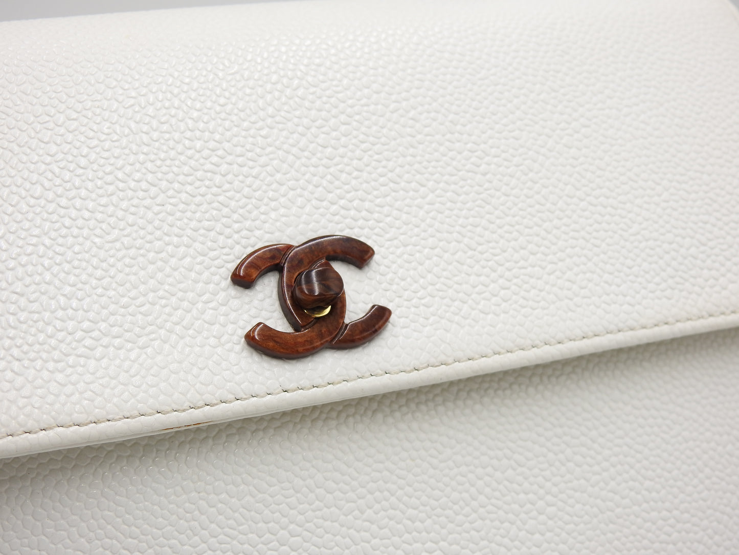 CHANEL CC Kelly Flap Wood Hand Bag Caviarskin Leather White