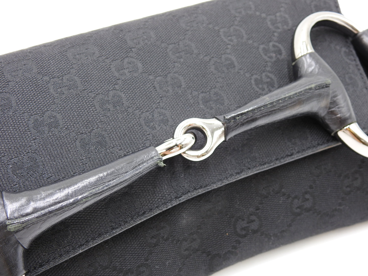 GUCCI GG Canvas Horsebit 2way Chain Clutch Hand Bag Leather Black 120134