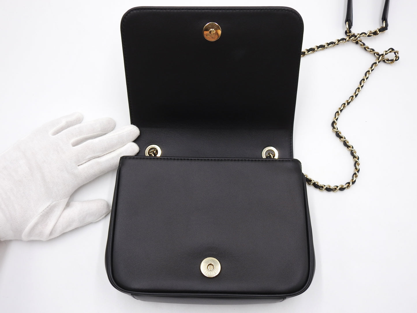 CHANEL CC Mania Chain Shoulder Bag Calfskin Leather Black Gold AS0321