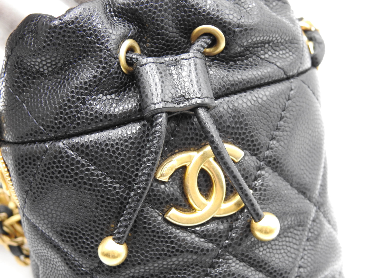 CHANEL CC Matelasse Mini Chain Bucket Shoulder Bag Caviarskin Black Gold