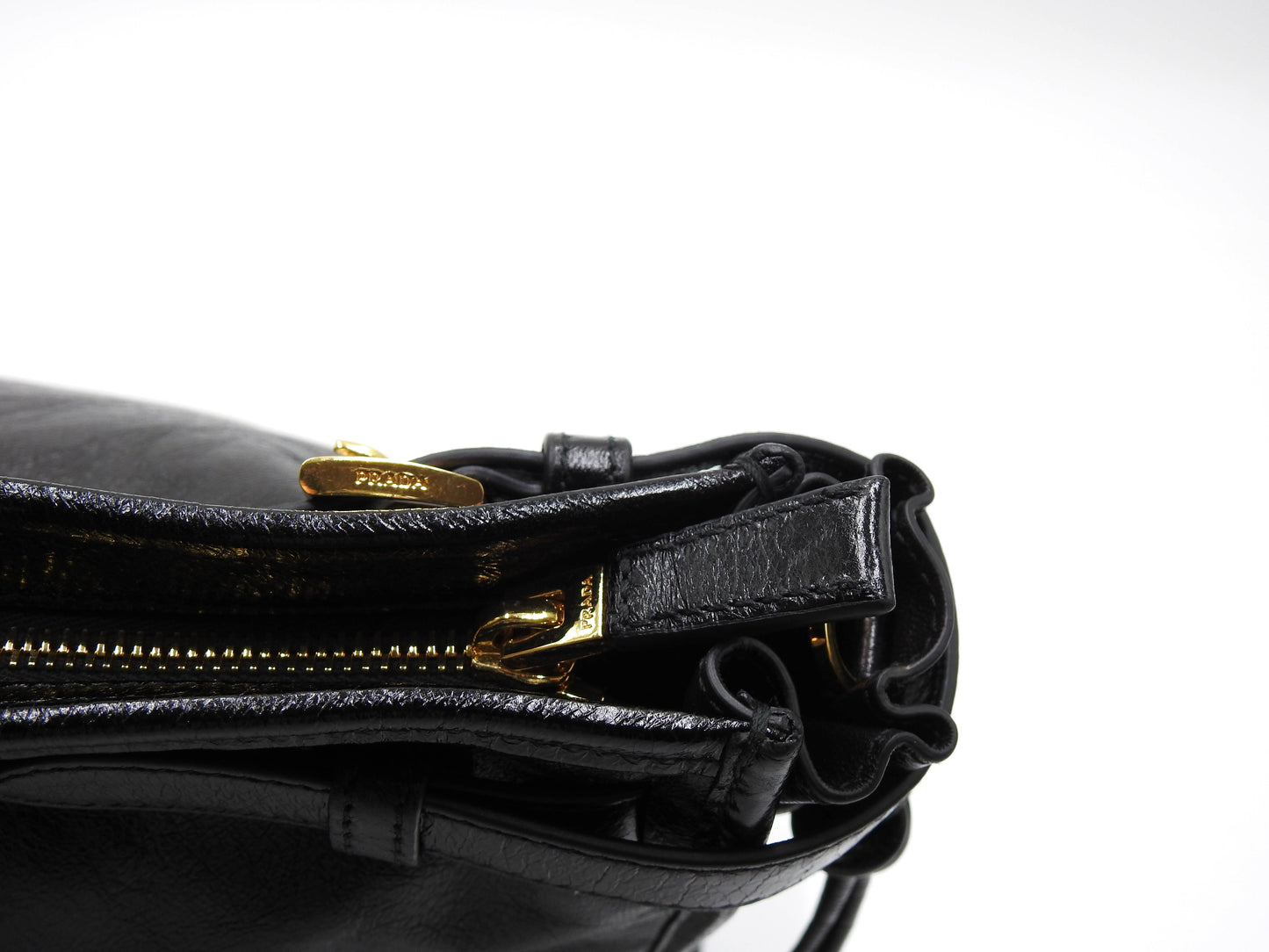 PRADA Bonnie Large 2way Shoulder Hand Bag Leather Black Gold Metal 1BA433