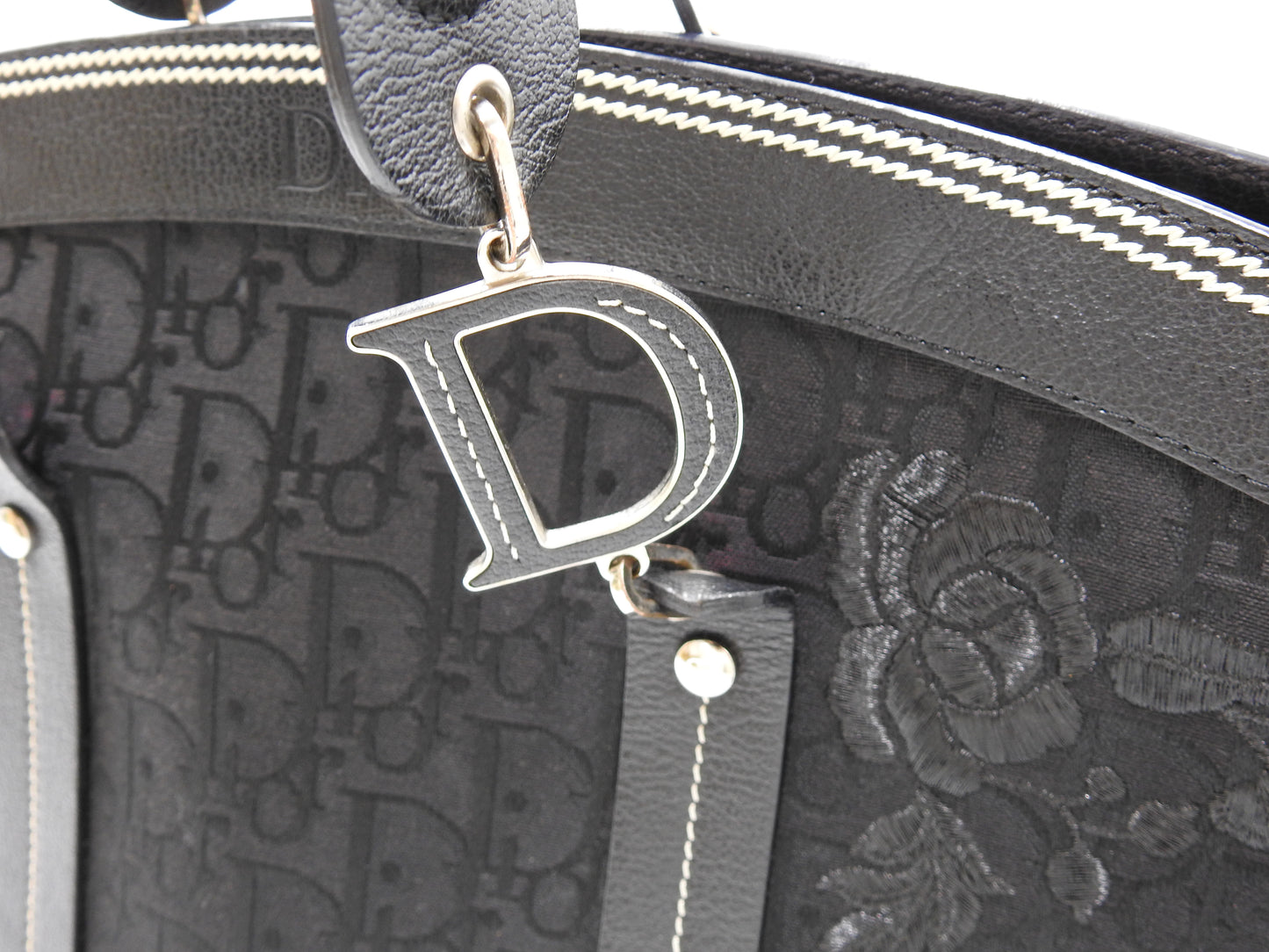 Christian Dior Trotter Flower Embroidery Shoulder Hand Bag Canvas Black
