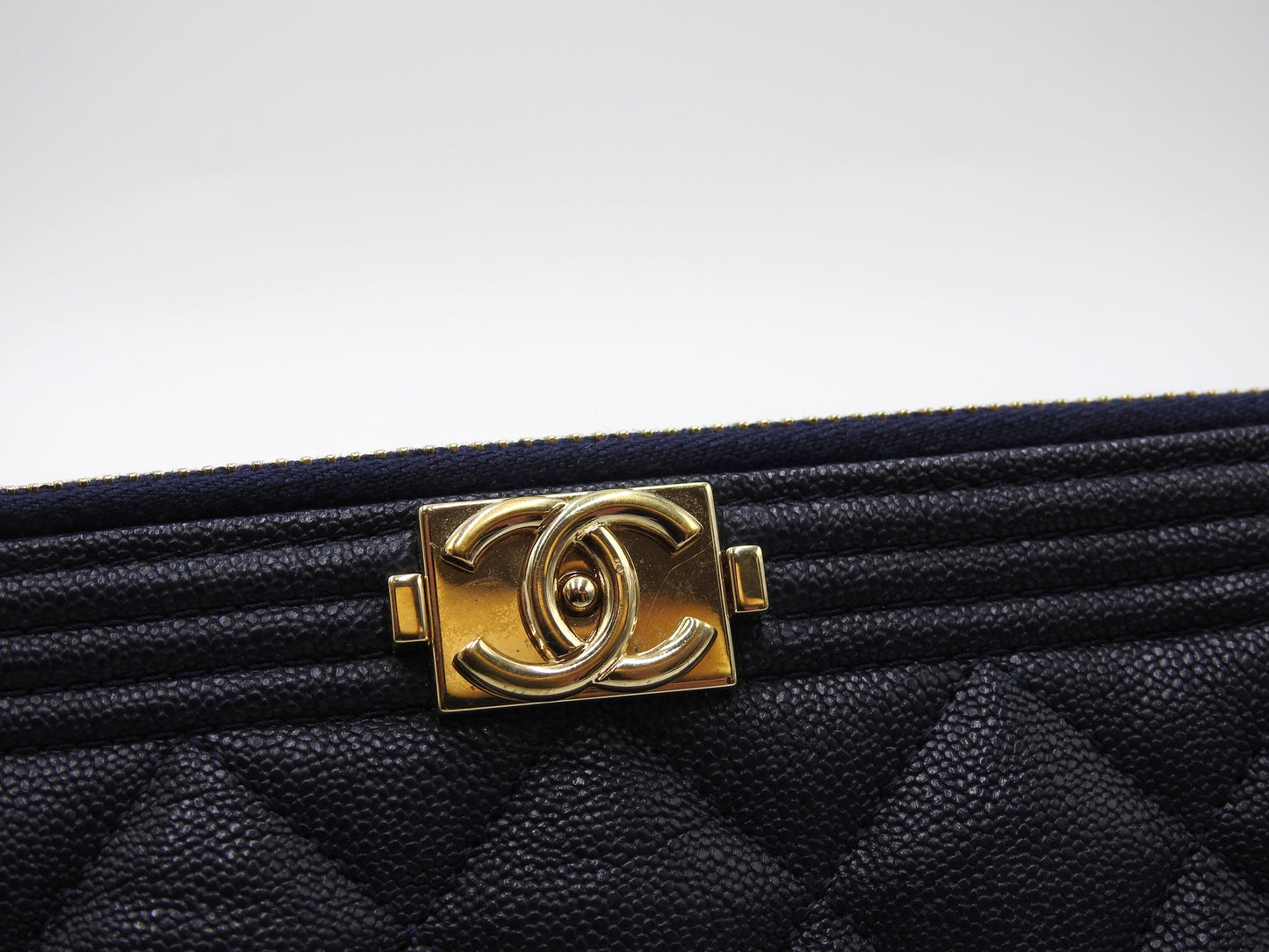 CHANEL Boy Small Cosmetic Case Pouch Caviarskin Navy Gold Hardware