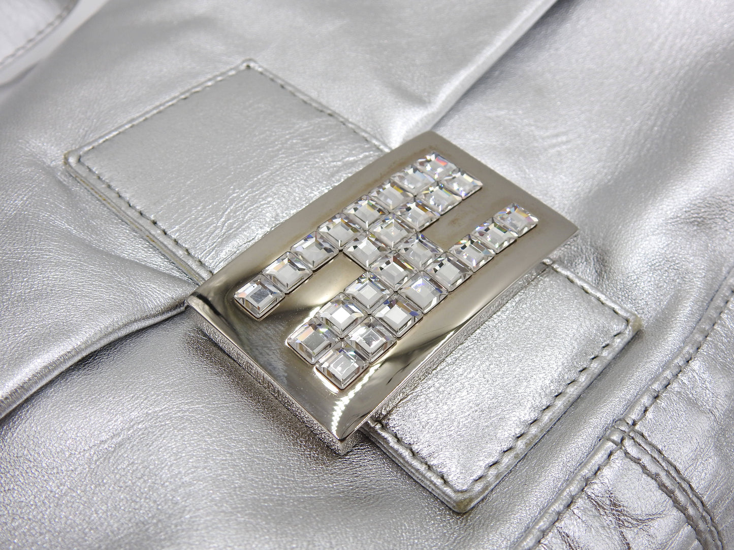 FENDI Mamma Baguette Shoulder Hand Bag Leather Rhinestone Silver
