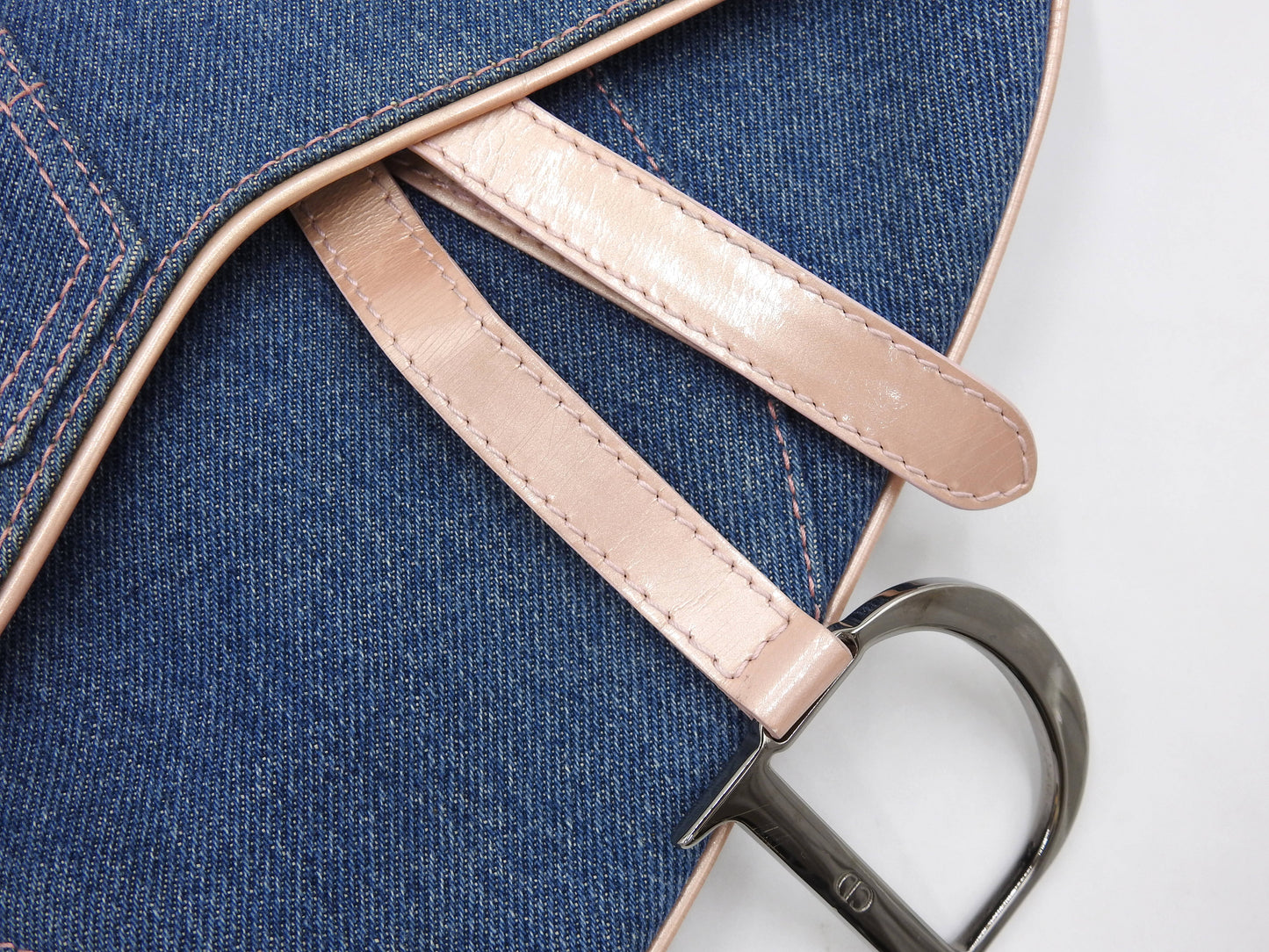 Christian Dior Saddle Bag Shoulder Hand Bag Denim Patent Leather Blue PInk
