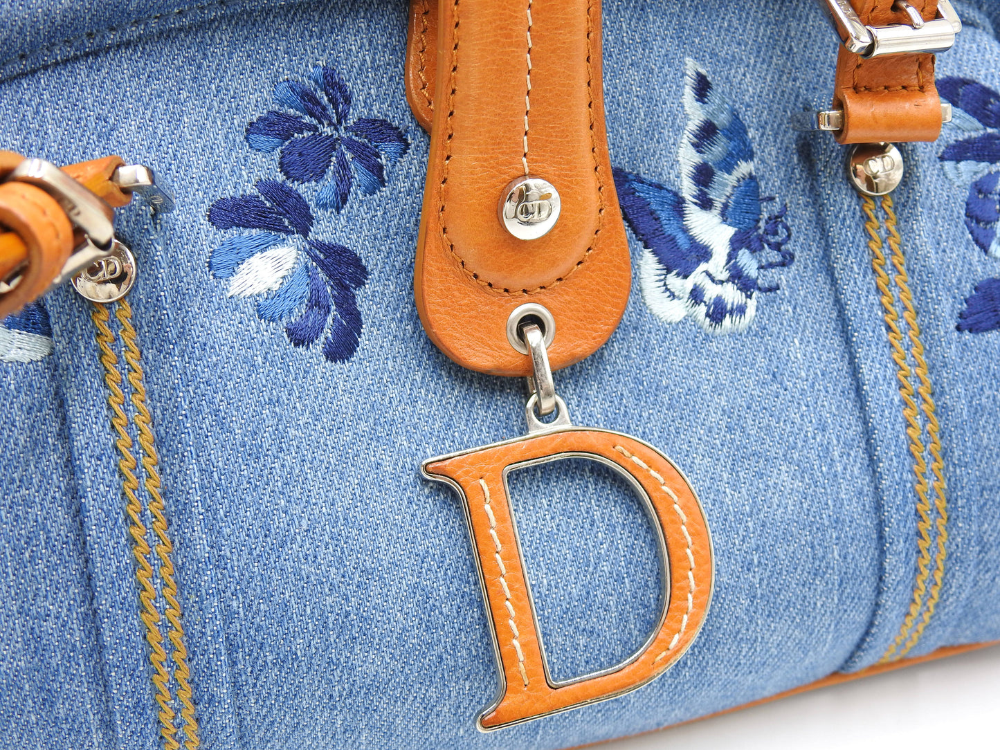 Christian Dior Denim Embroidered Flower Kiss Lock Hand Bag Blue Brown